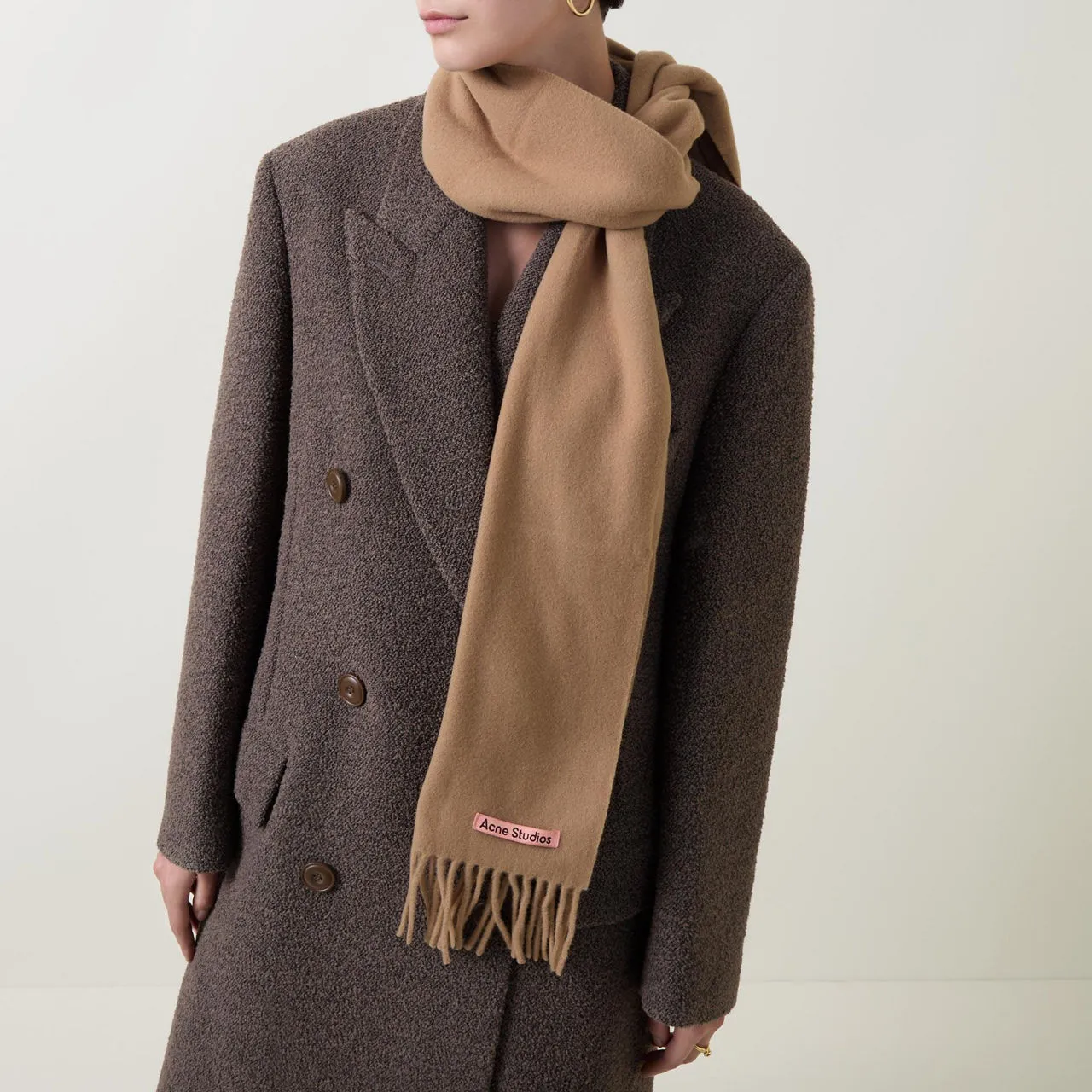 ACNE STUDIOS The Sustainable Edit Canada Skinny Fringed Logo Scarf - Dark Camel