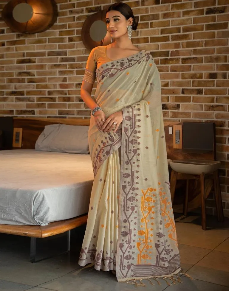 Beige Cotton Woven Sarees