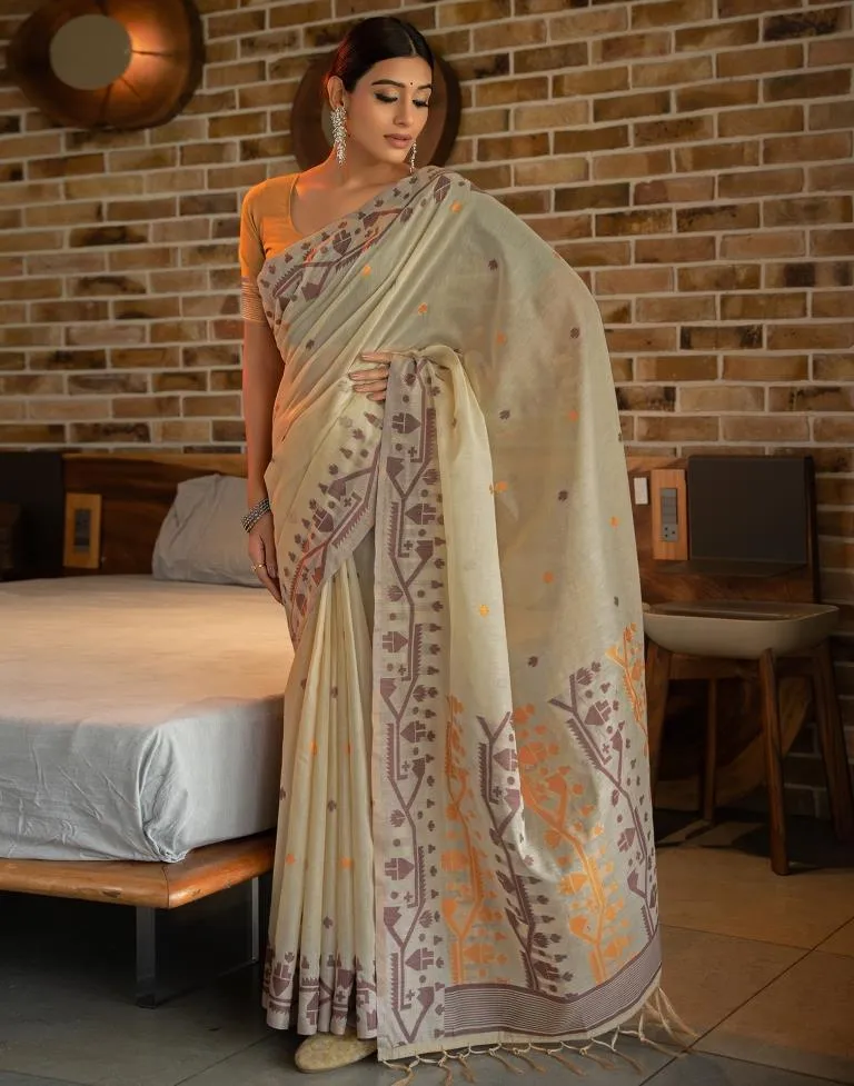 Beige Cotton Woven Sarees