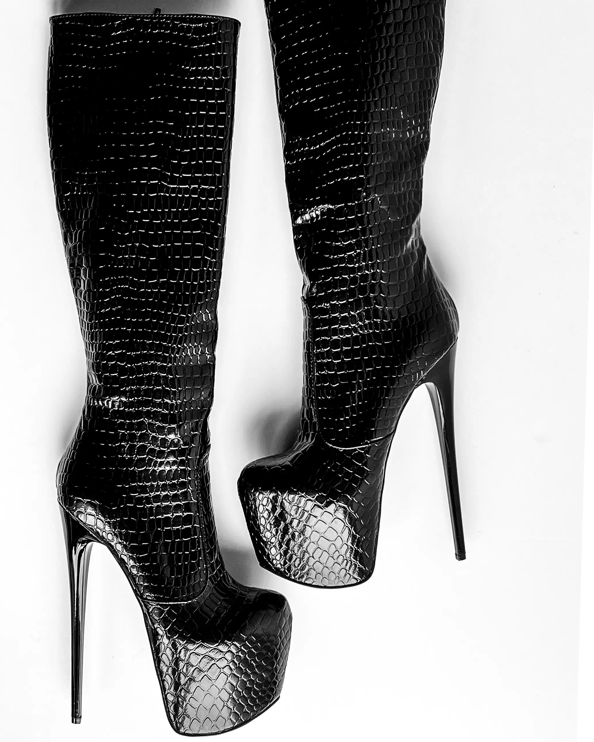 Black Croco Mid Calf High Heel Boots  Tajna Club