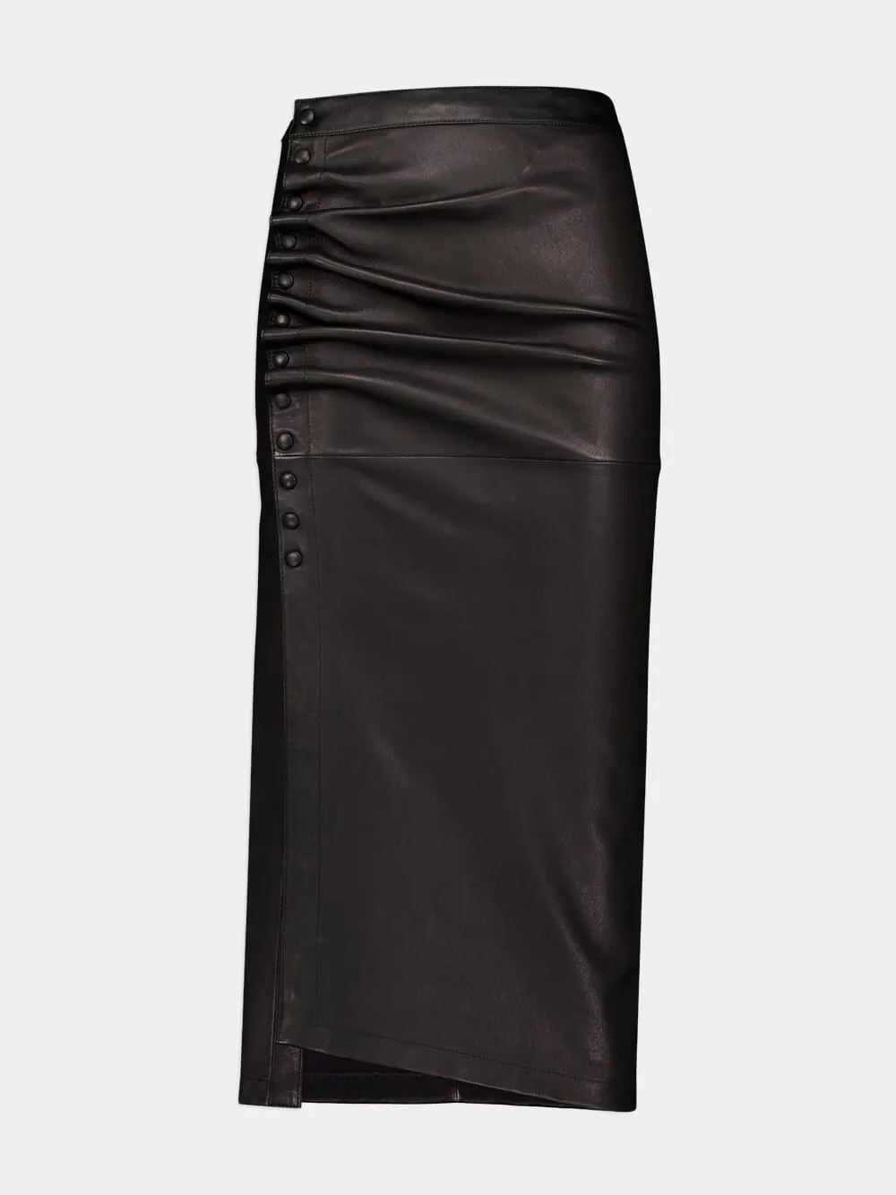 Black Lambskin Gathered Midi Skirt