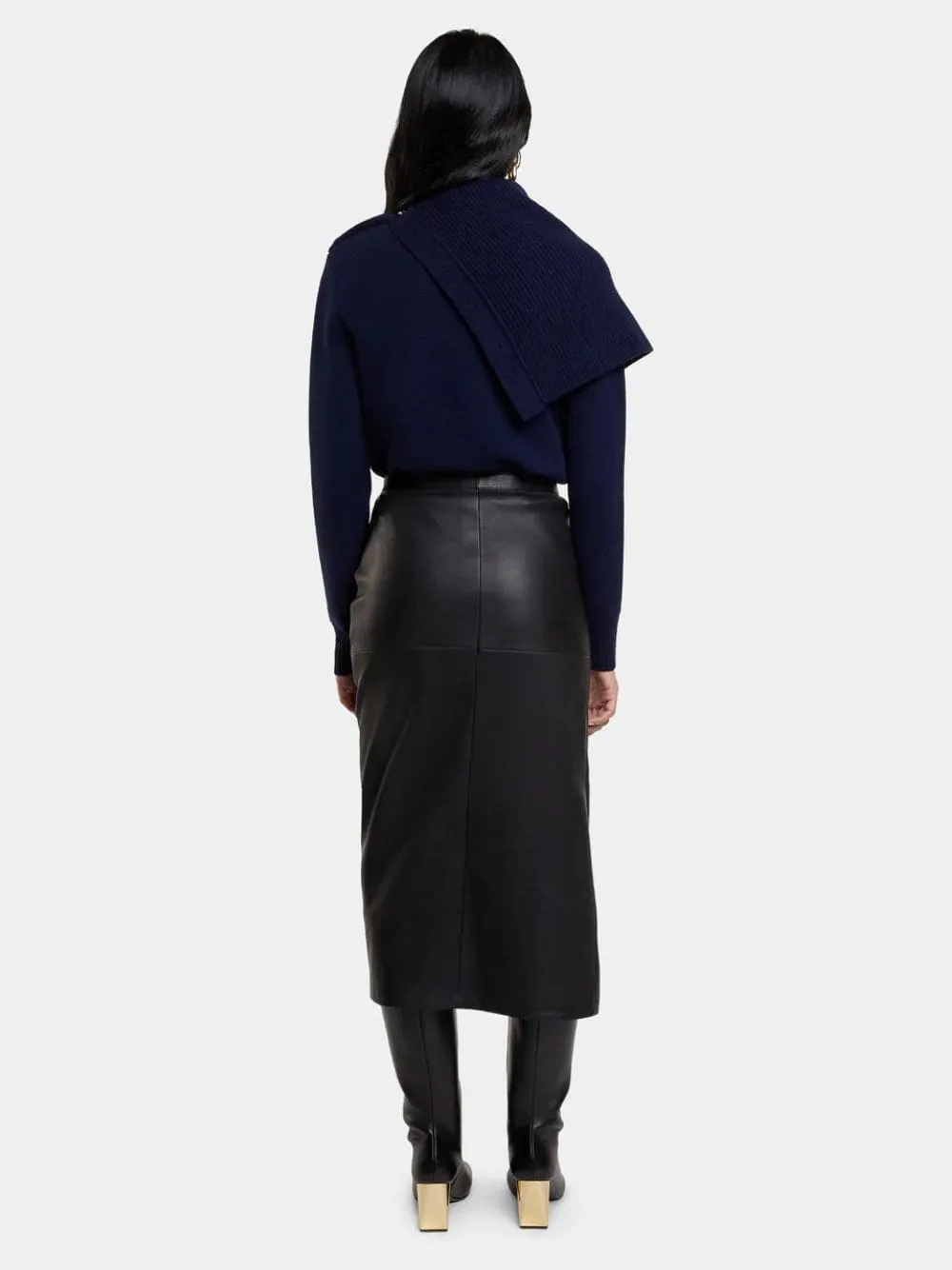 Black Lambskin Gathered Midi Skirt