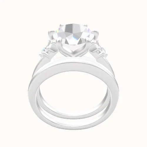 Cathedral Band with Marquise & Round Diamond Sidestones Engagement Ring With Petal Six Prong Head and Matching Band