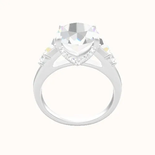 Cathedral Band with Trapezoid & Round Sidestones Engagement Ring With Pave V Prong Head