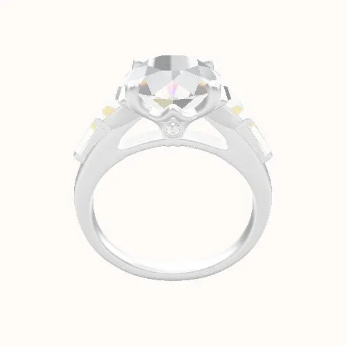 Cathedral Band with Trapezoid & Tapered Baguette Sidestones Engagement Ring With Crown Four Prong w. Surprise Diamond Head