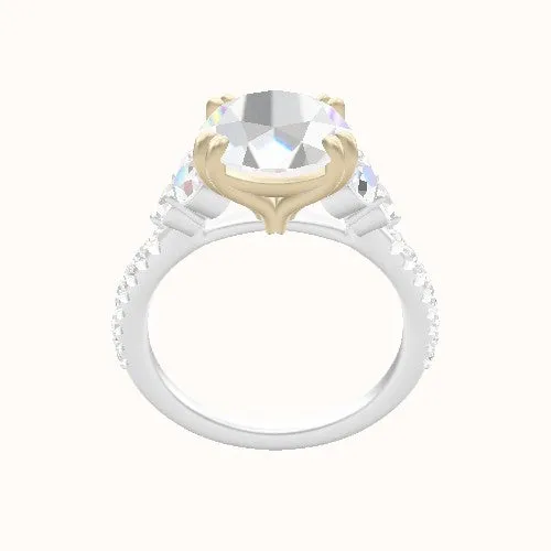 Cathedral Diamond Band with Round Sidestone Trio Engagement Ring With Double Prongs Head