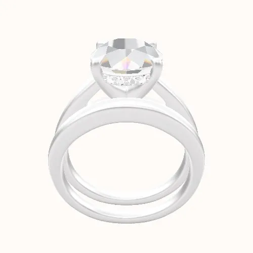 Cathedral Engagement Ring With V Prong with Hidden Halo Head and Matching Band