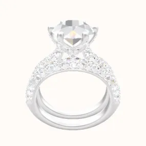 Cathedral Three Row Pave Engagement Ring With Pave Petal Six Prong Head and Matching Band