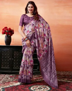 Dark Purple Silk Printed Sarees