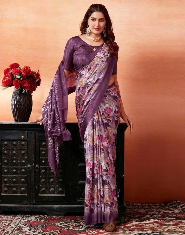 Dark Purple Silk Printed Sarees