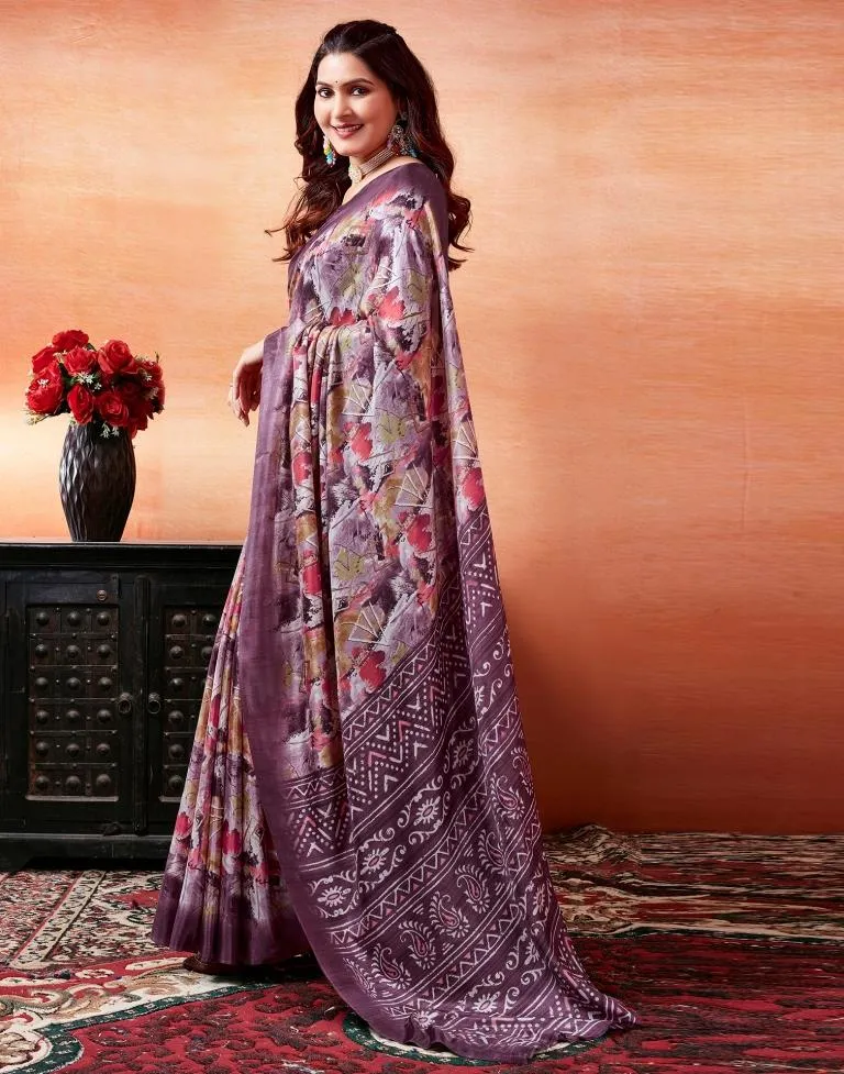 Dark Purple Silk Printed Sarees