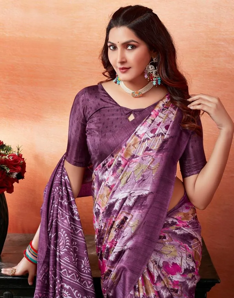 Dark Purple Silk Printed Sarees