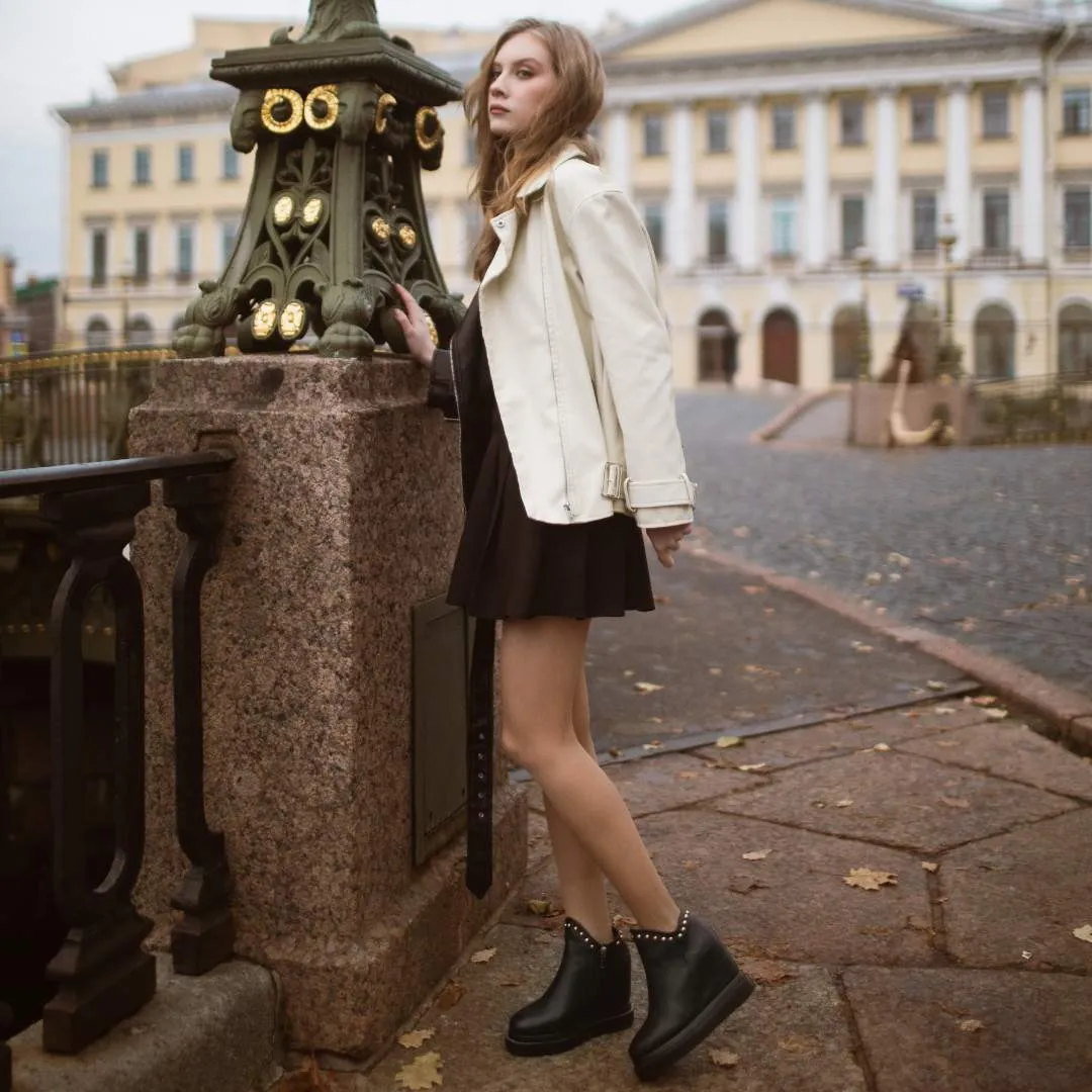 Emily Black Leather Inner Wedge Heel Ankle Boots