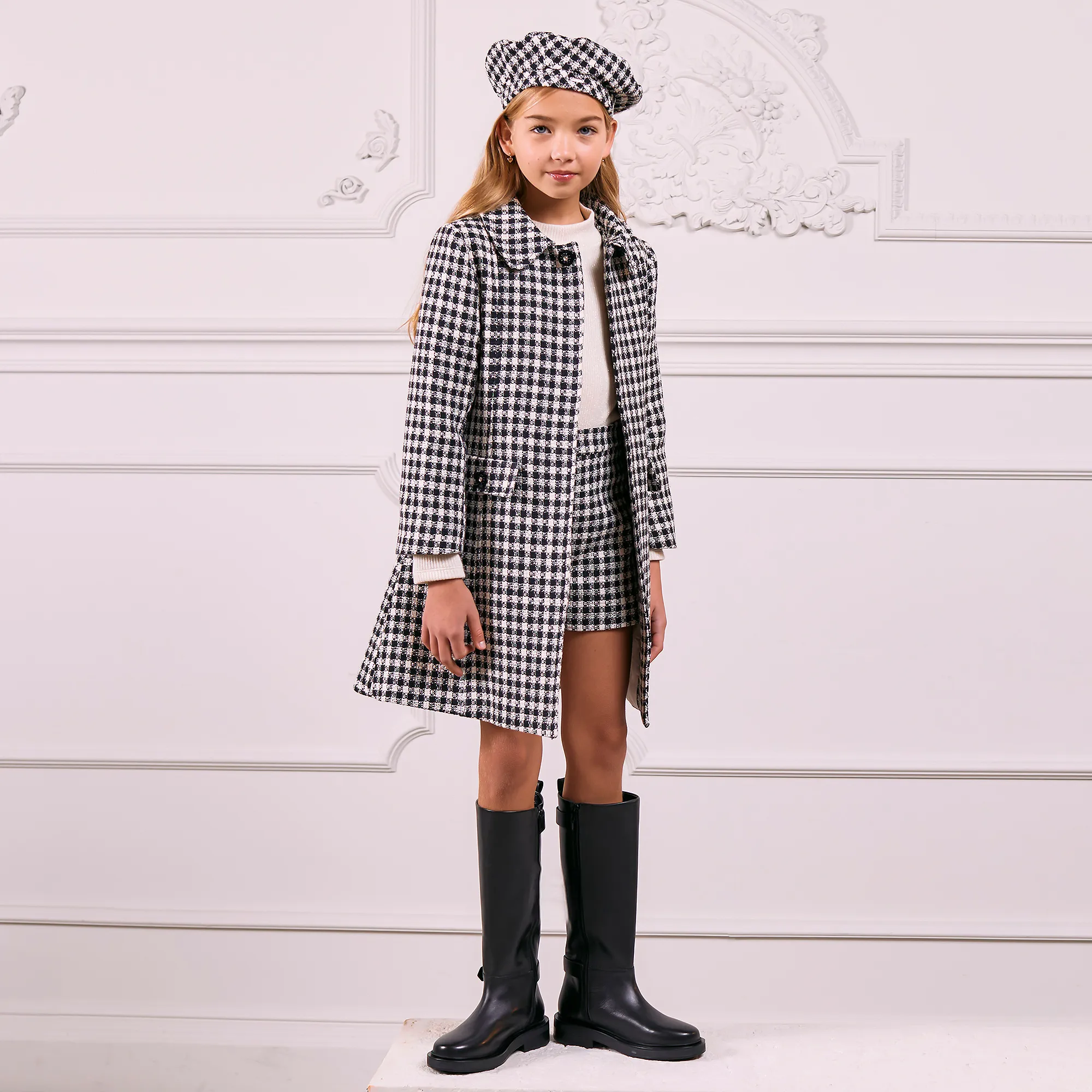 Girls Black & Ivory Check Tweed Coat