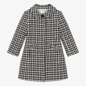 Girls Black & Ivory Check Tweed Coat