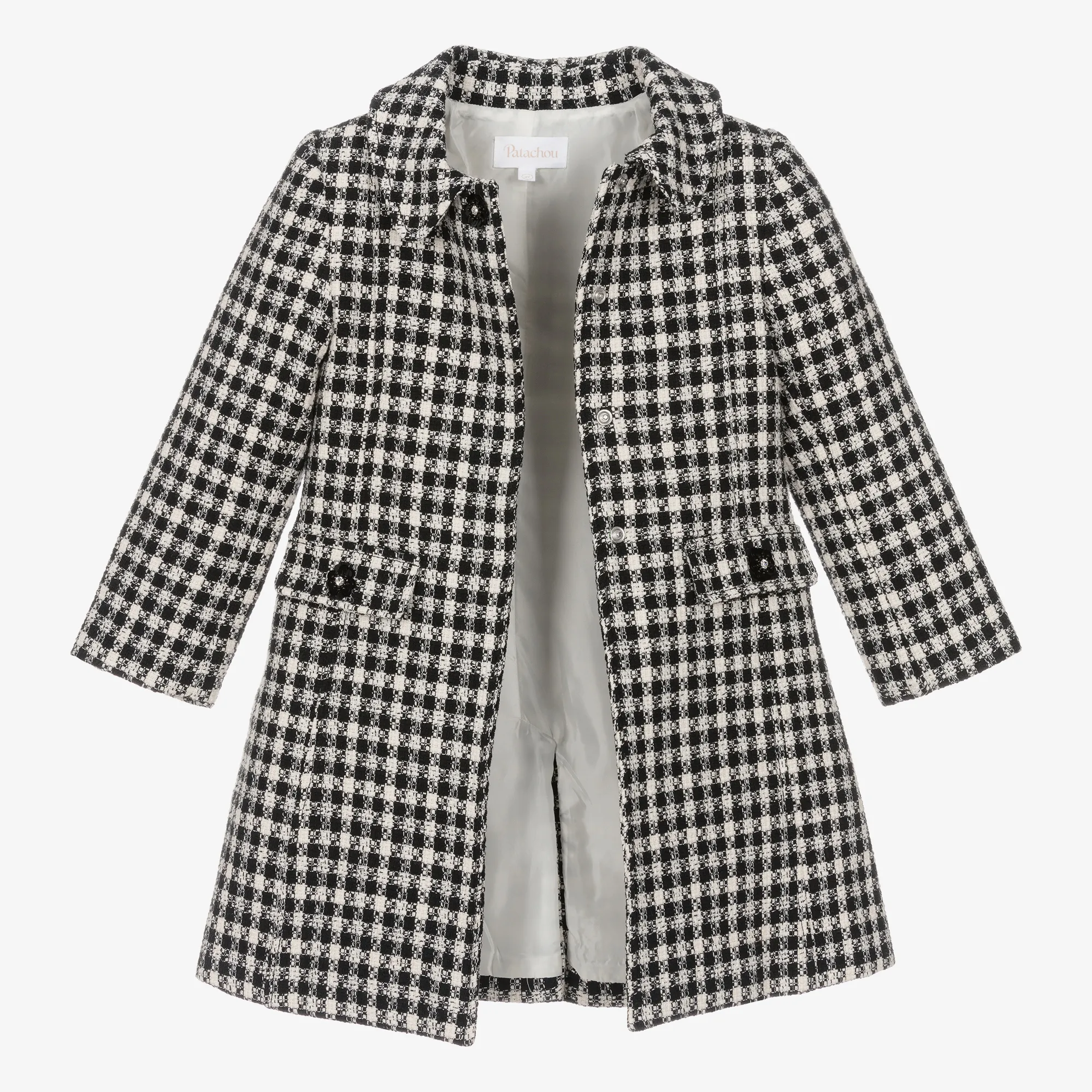 Girls Black & Ivory Check Tweed Coat