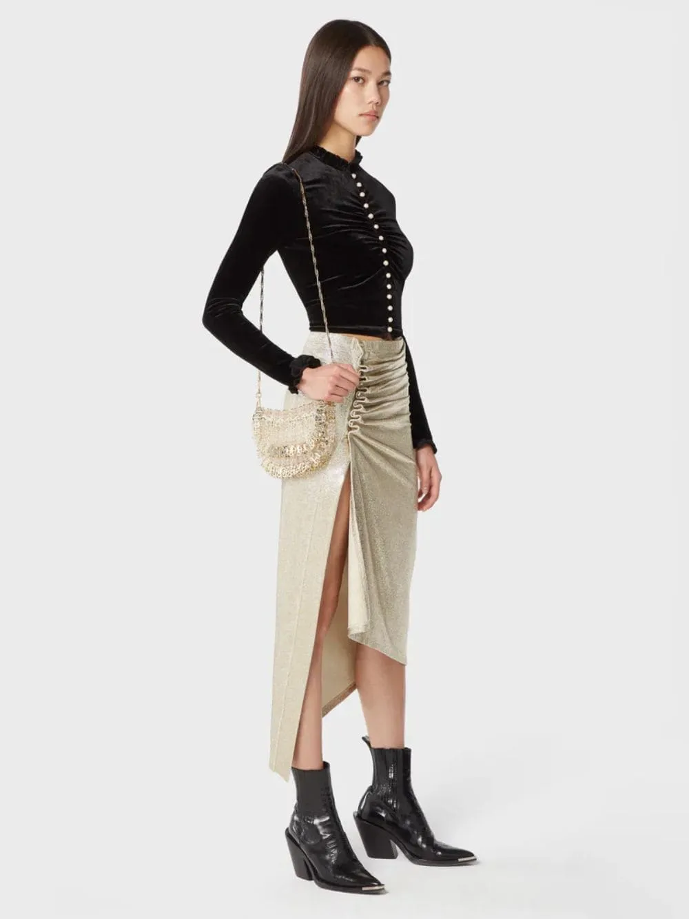 Gold Drapé Pression Slit Skirt