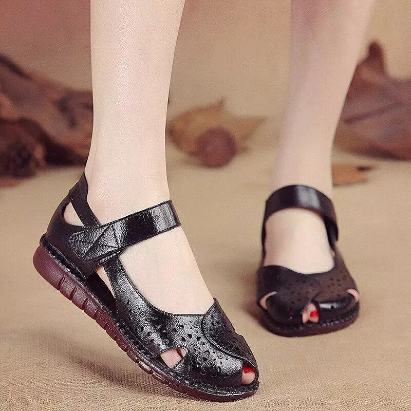 Holed Leather Women Flat Sandals