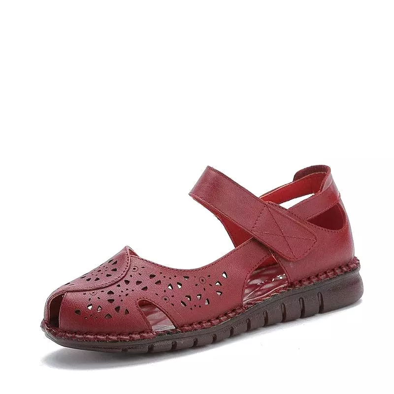 Holed Leather Women Flat Sandals