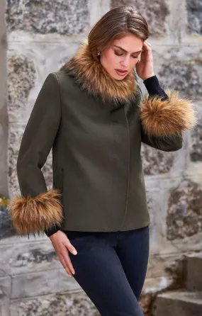 Ladies Wool Cashmere Faux Fur Trim Coat