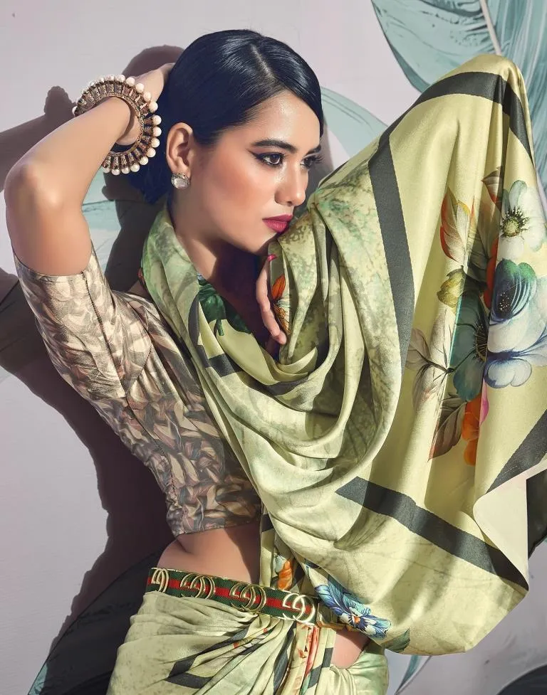 Light Pista Green. Multi Silk Printed Sarees