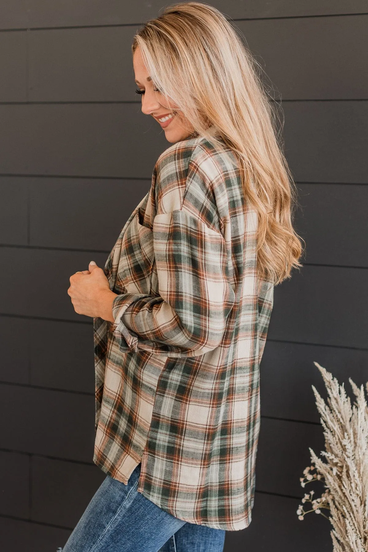 Like Clockwork Plaid Button Top- Hunter Green