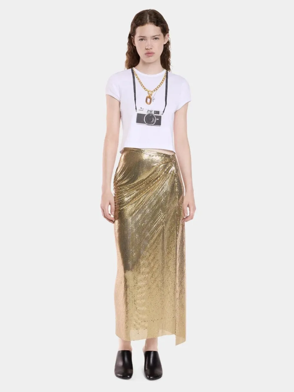 Long Gold Gathered Mesh Skirt