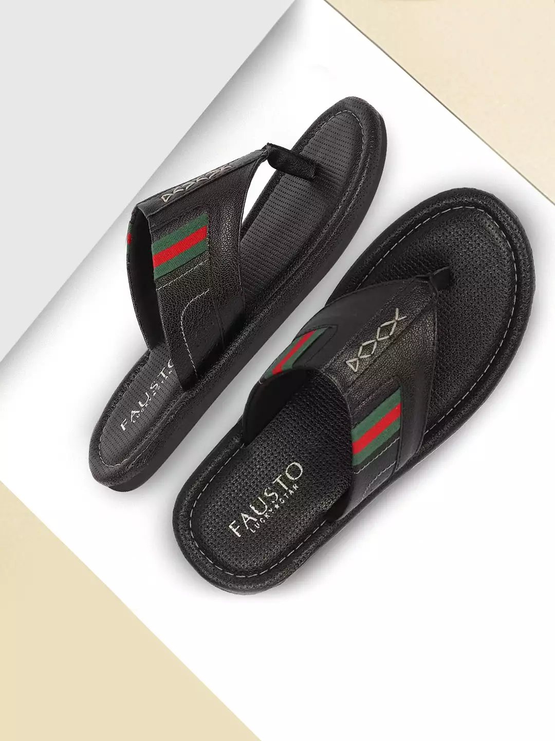 Men Black Colored Strip Design Indoor Outdoor Thong Slipper Sandals