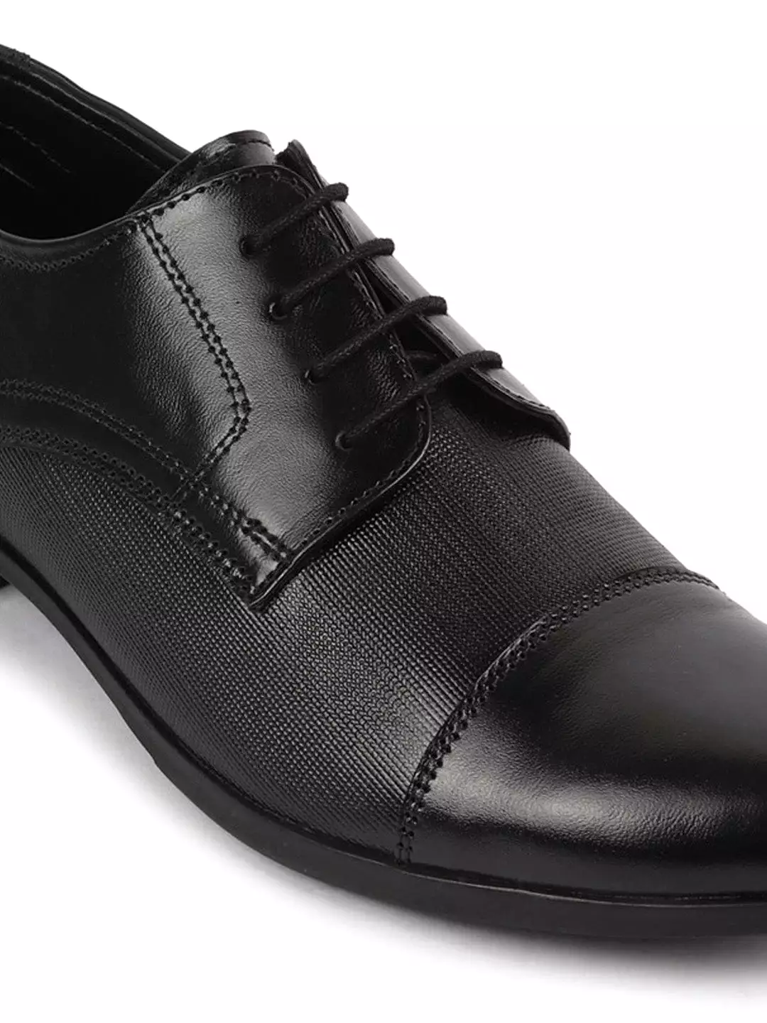 Men Black Formal Office Textured Design Cap Toe Genuine Leather Lace Up Shoes