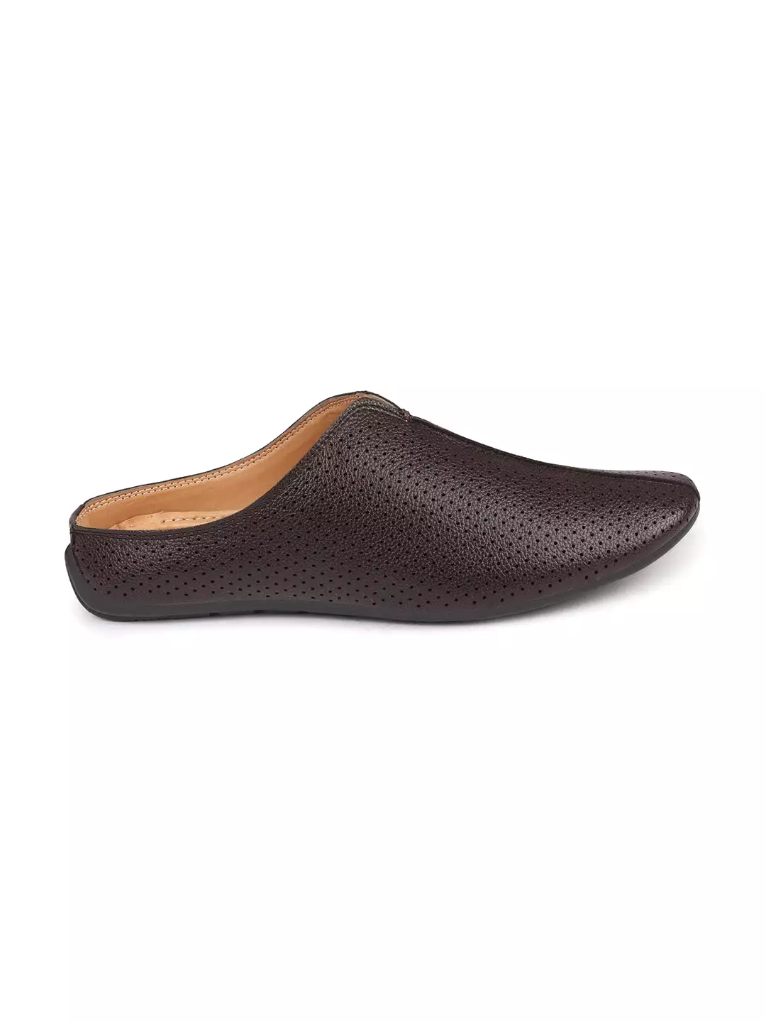 Men Brown Back Open Perforated Design Ethnic Party Wedding Mules Slip On Shoes