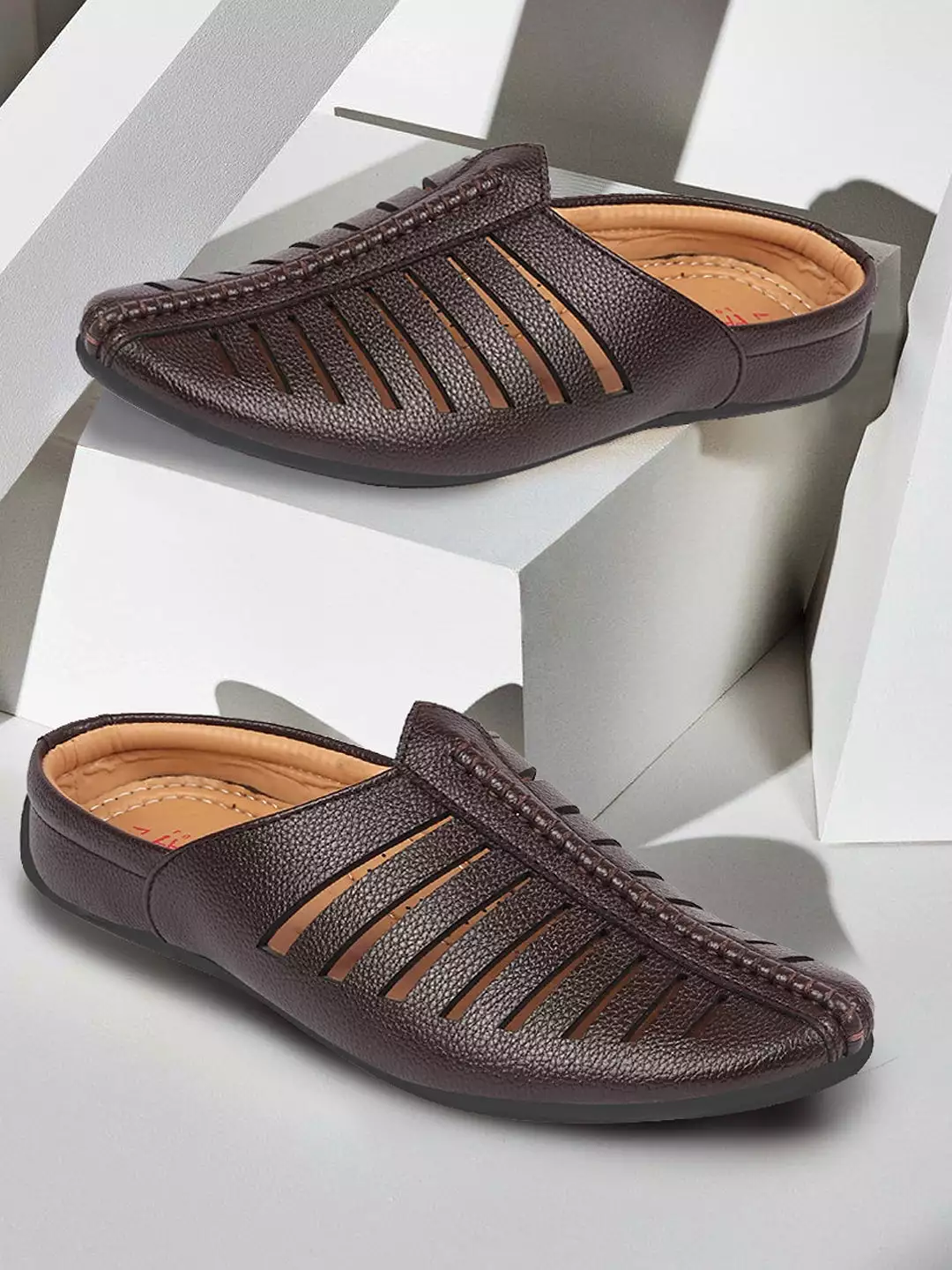 Men Brown Laser Cut Design Back Open Evening Party Ethnic Mules Slip On Shoes