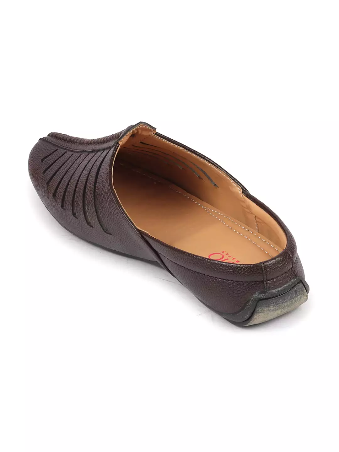 Men Brown Laser Cut Design Back Open Evening Party Ethnic Mules Slip On Shoes