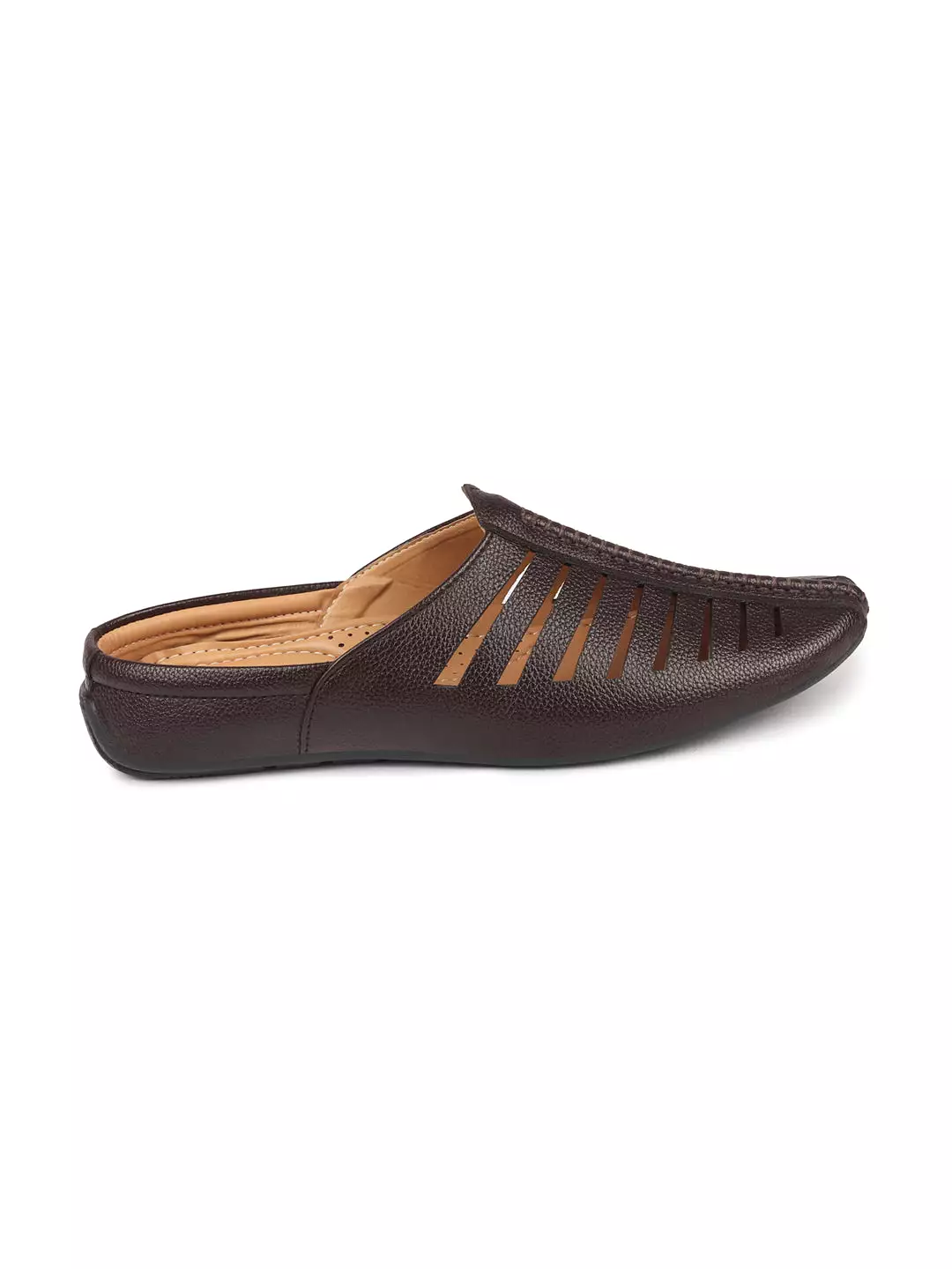 Men Brown Laser Cut Design Back Open Evening Party Ethnic Mules Slip On Shoes