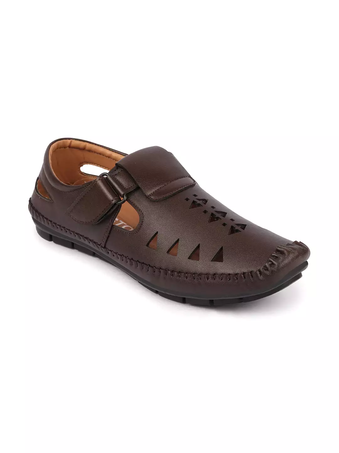 Men Brown Laser Cut Design Side Stitched Hook & Loop Driving Roman Sandals