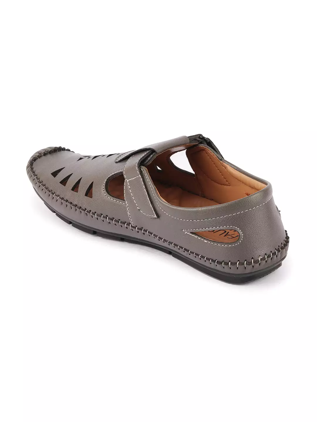 Men Grey Laser Cut Design Side Stitched Hook & Loop Driving Roman Sandals