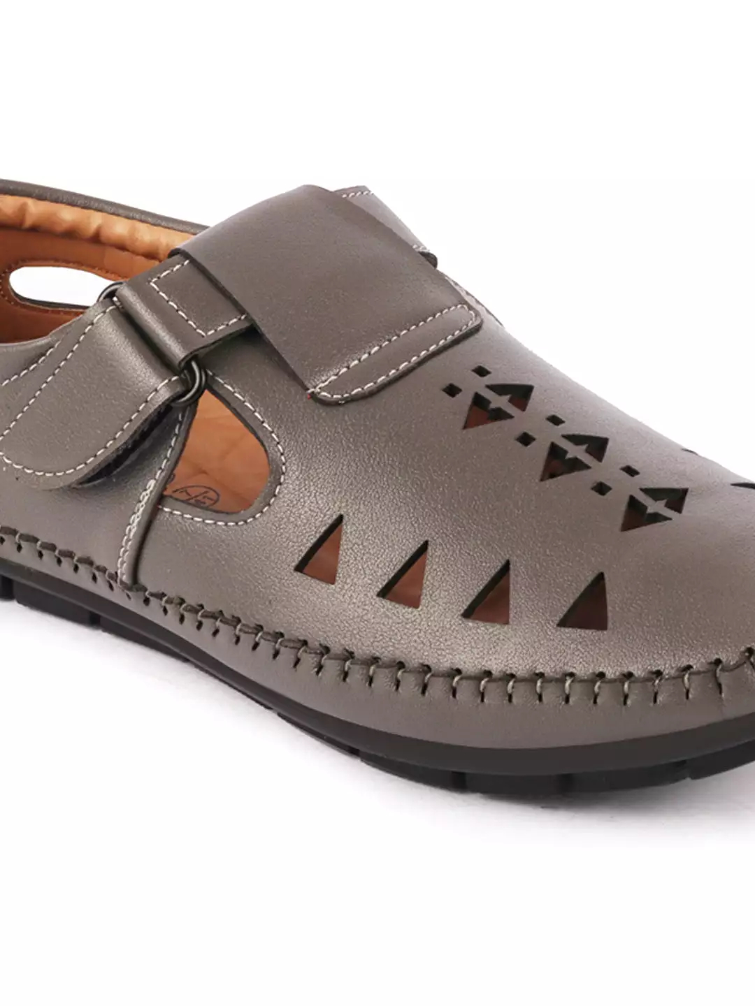 Men Grey Laser Cut Design Side Stitched Hook & Loop Driving Roman Sandals