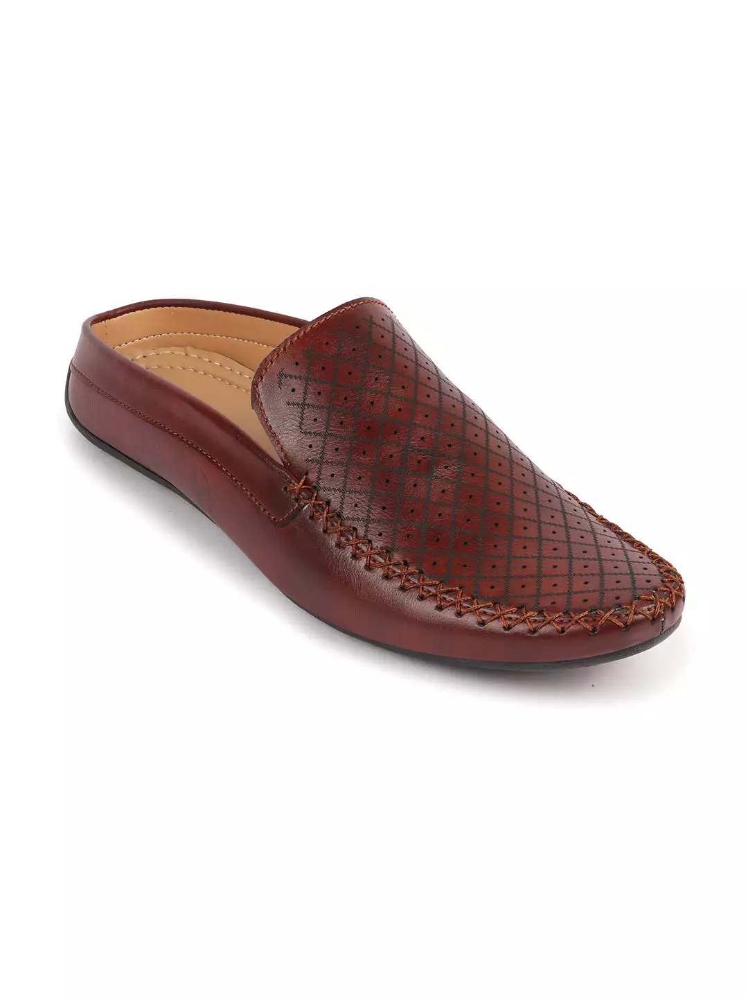 Men Maroon Stitched Block Design Pattern Back Open Slip On Loafer Shoes