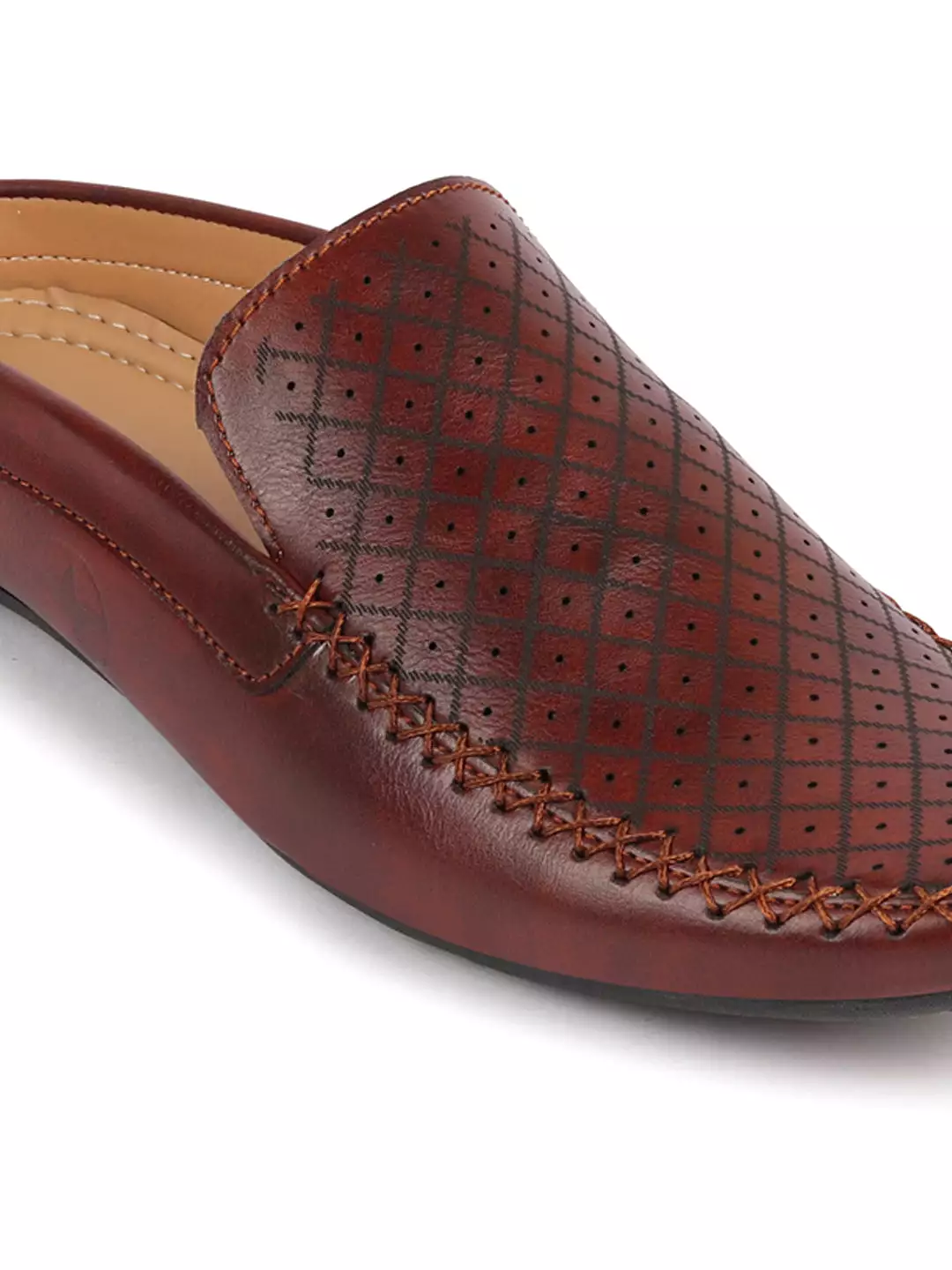 Men Maroon Stitched Block Design Pattern Back Open Slip On Loafer Shoes