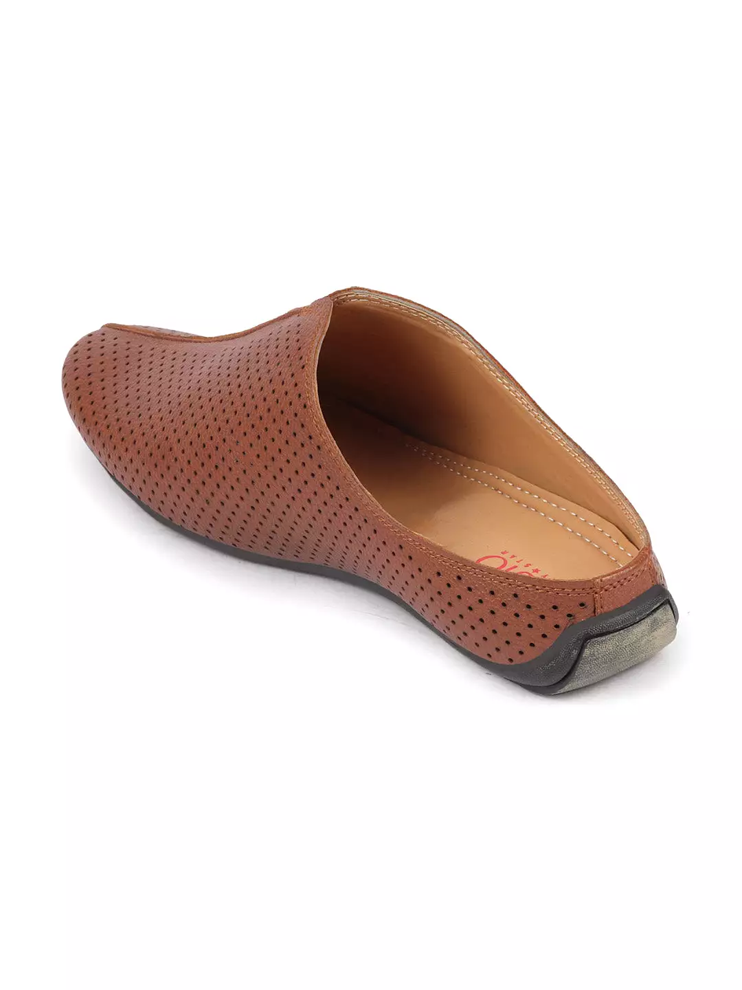 Men Tan Back Open Perforated Design Ethnic Party Wedding Mules Slip On Shoes