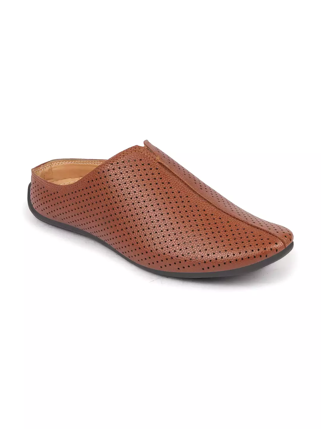 Men Tan Back Open Perforated Design Ethnic Party Wedding Mules Slip On Shoes