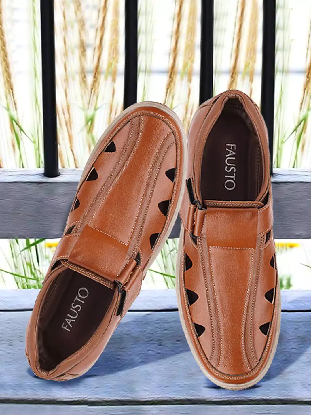 Men Tan Casual Hook & Loop Sandals