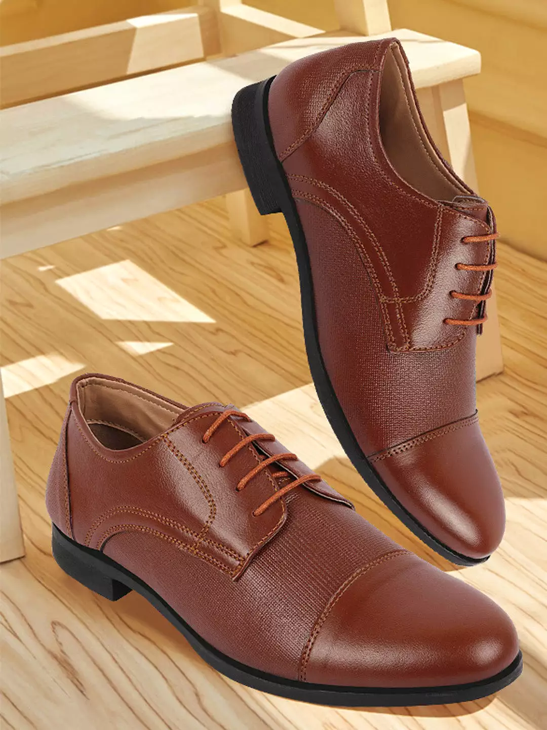 Men Tan Formal Office Textured Design Cap Toe Genuine Leather Lace Up Shoes