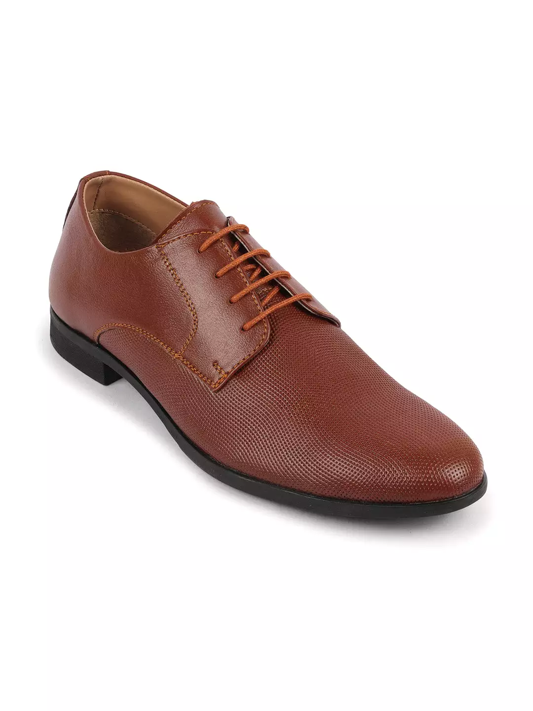 Men Tan Formal Office Textured Design Stitched Genuine Leather Lace Up Shoes