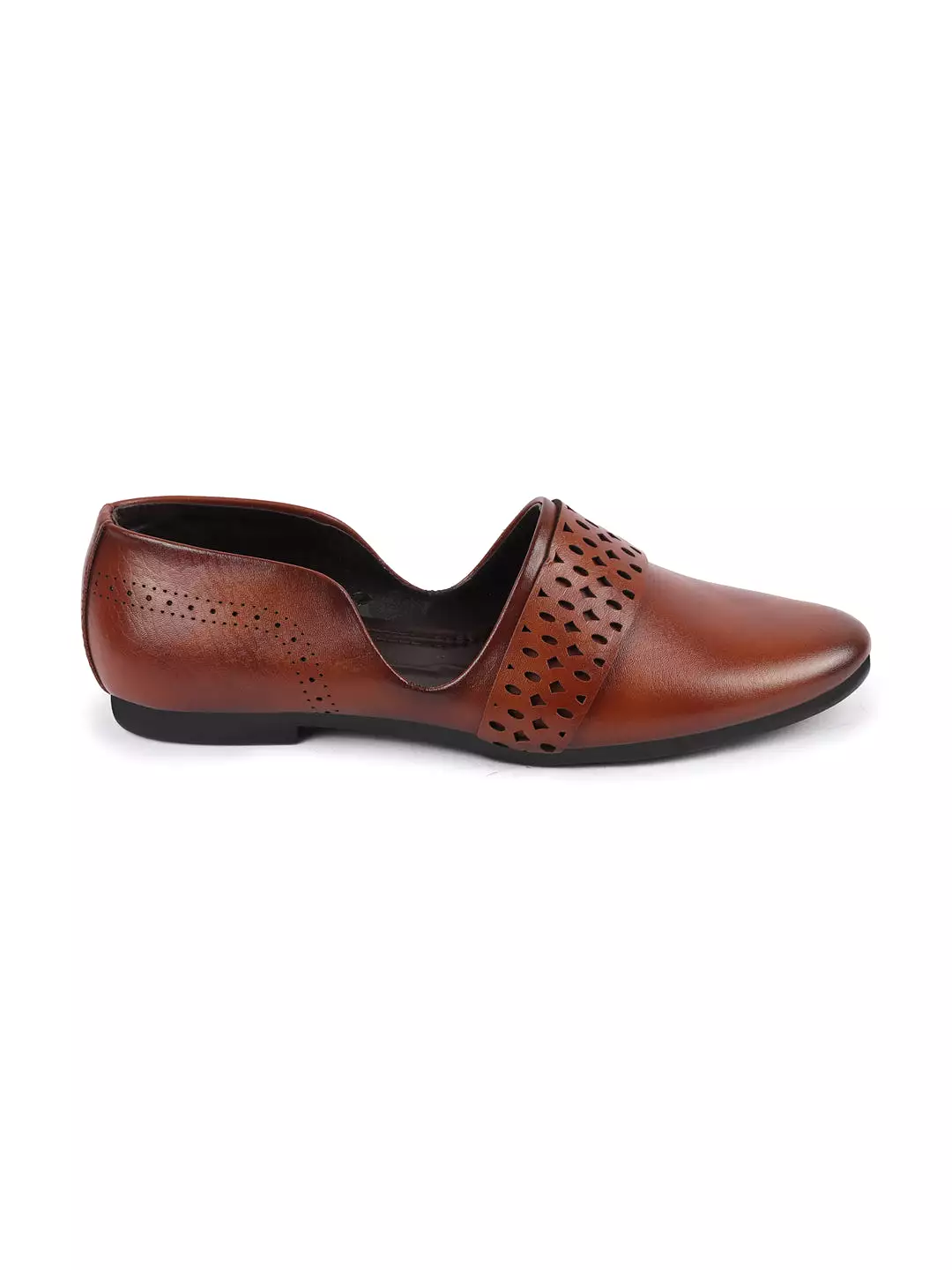 Men Tan Laser Cut Design Side Open Broad Feet Ethnic Party Slip On Shoes