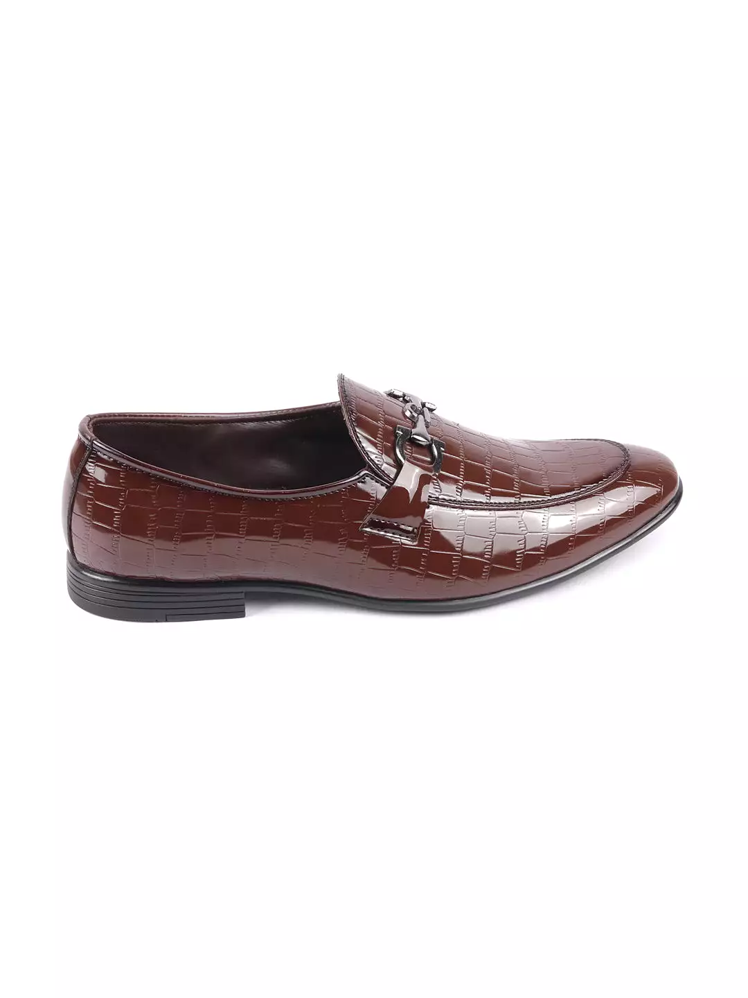 Men Tan Party Formal Patent Leather Embossed Design Buckle Slip On Loafer Shoes