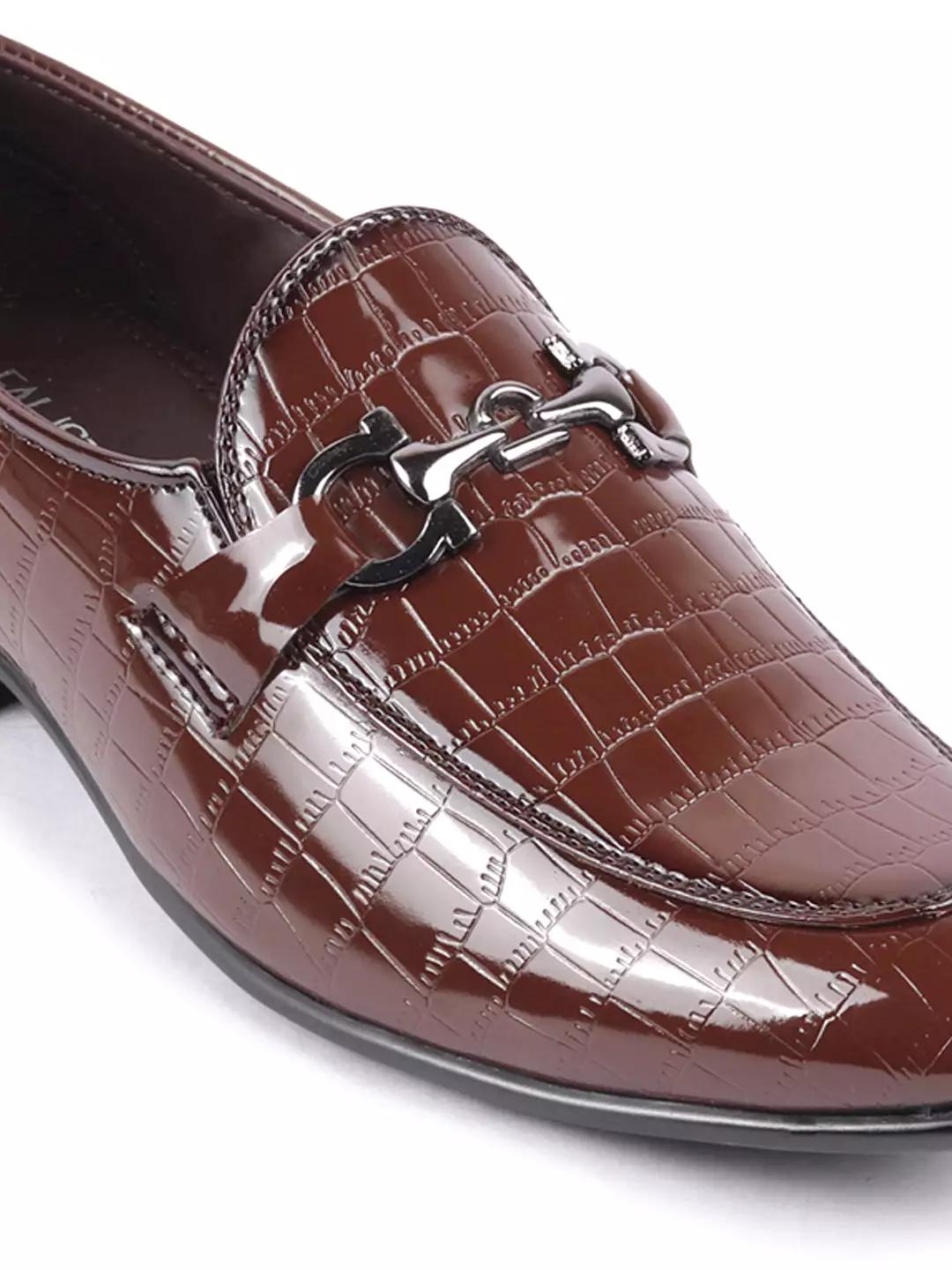 Men Tan Party Formal Patent Leather Embossed Design Buckle Slip On Loafer Shoes