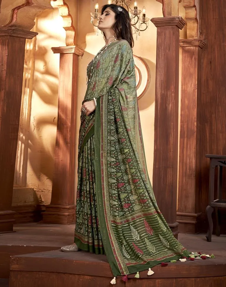 Olive Green Georgette Printed Sarees