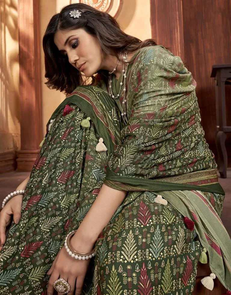 Olive Green Georgette Printed Sarees