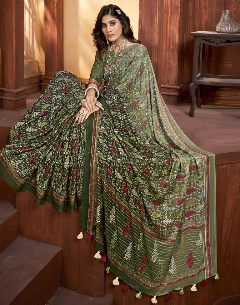 Olive Green Georgette Printed Sarees