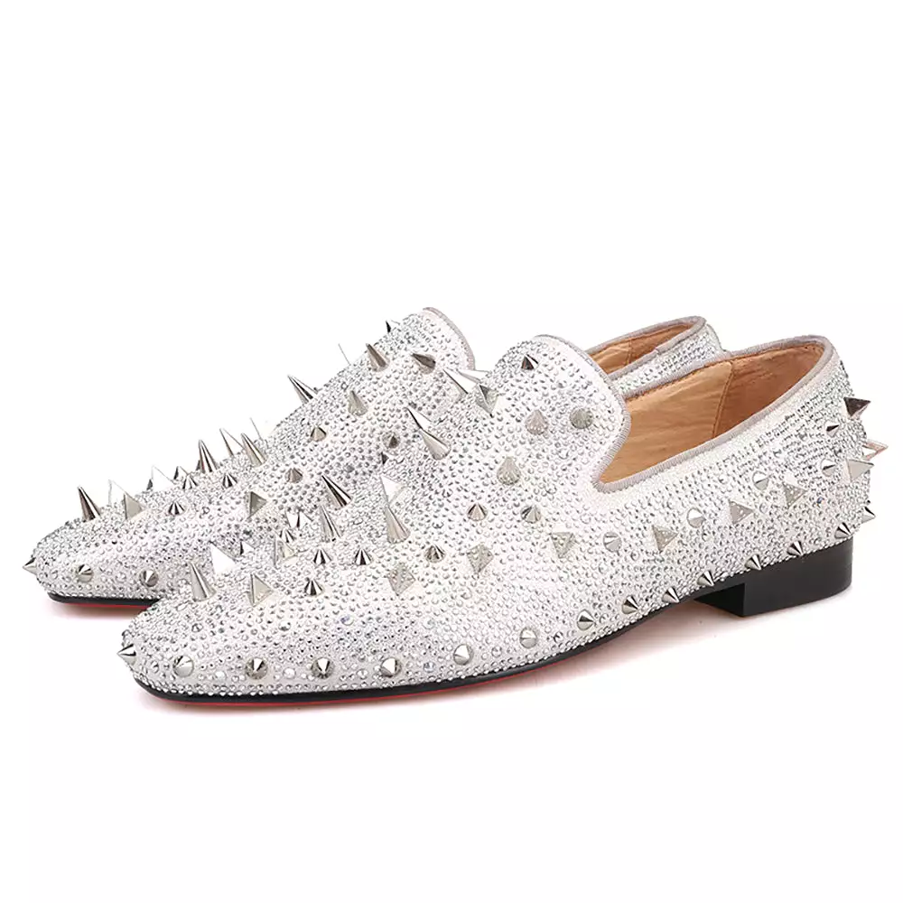 OneDrop Handmade Dress Shoes Spikes Diamond Men Glitter Leather Party Wedding Prom Loafers